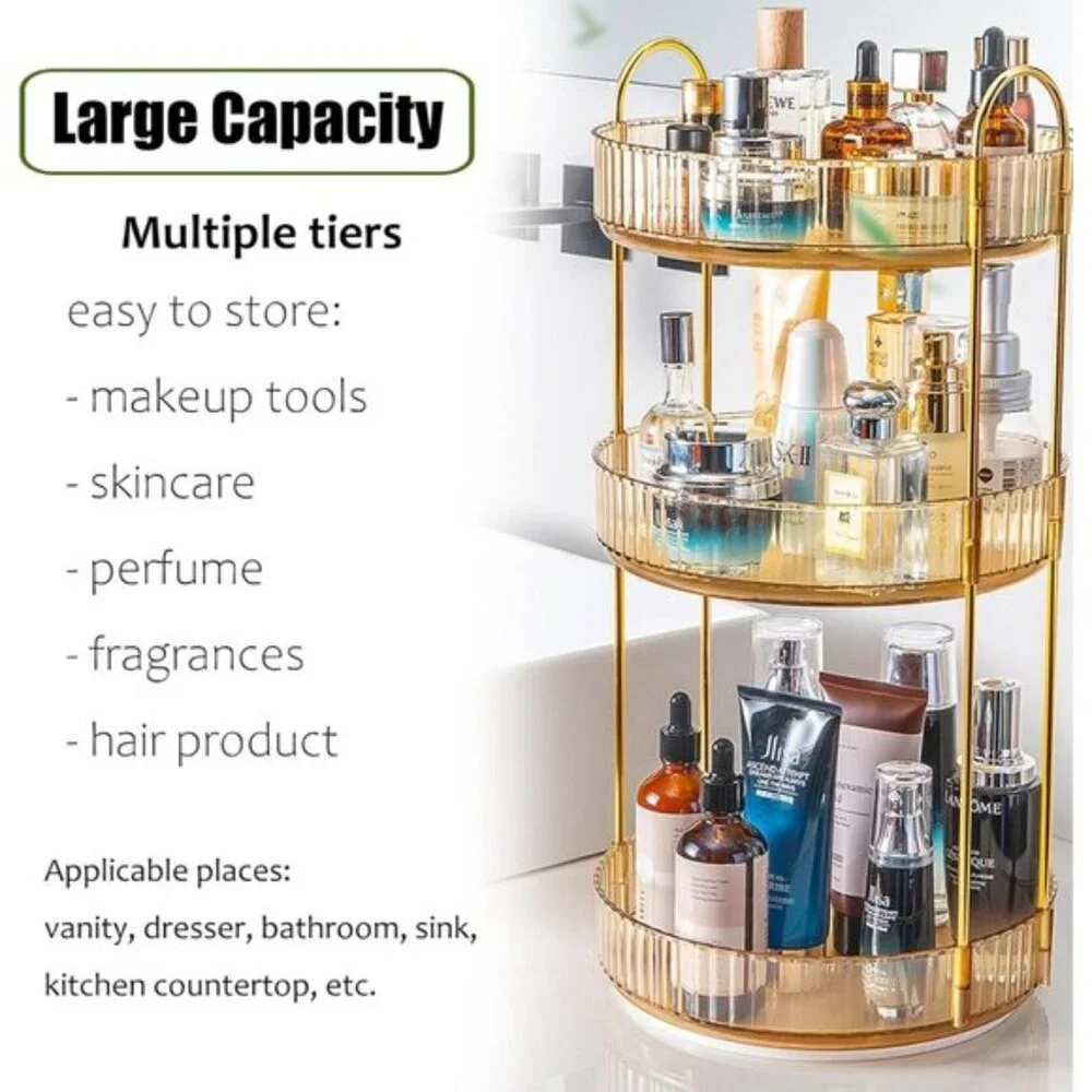 New 3-Tier Rotating Makeup Organizer, Clear Amber Gold Vanity & Skincare Storage